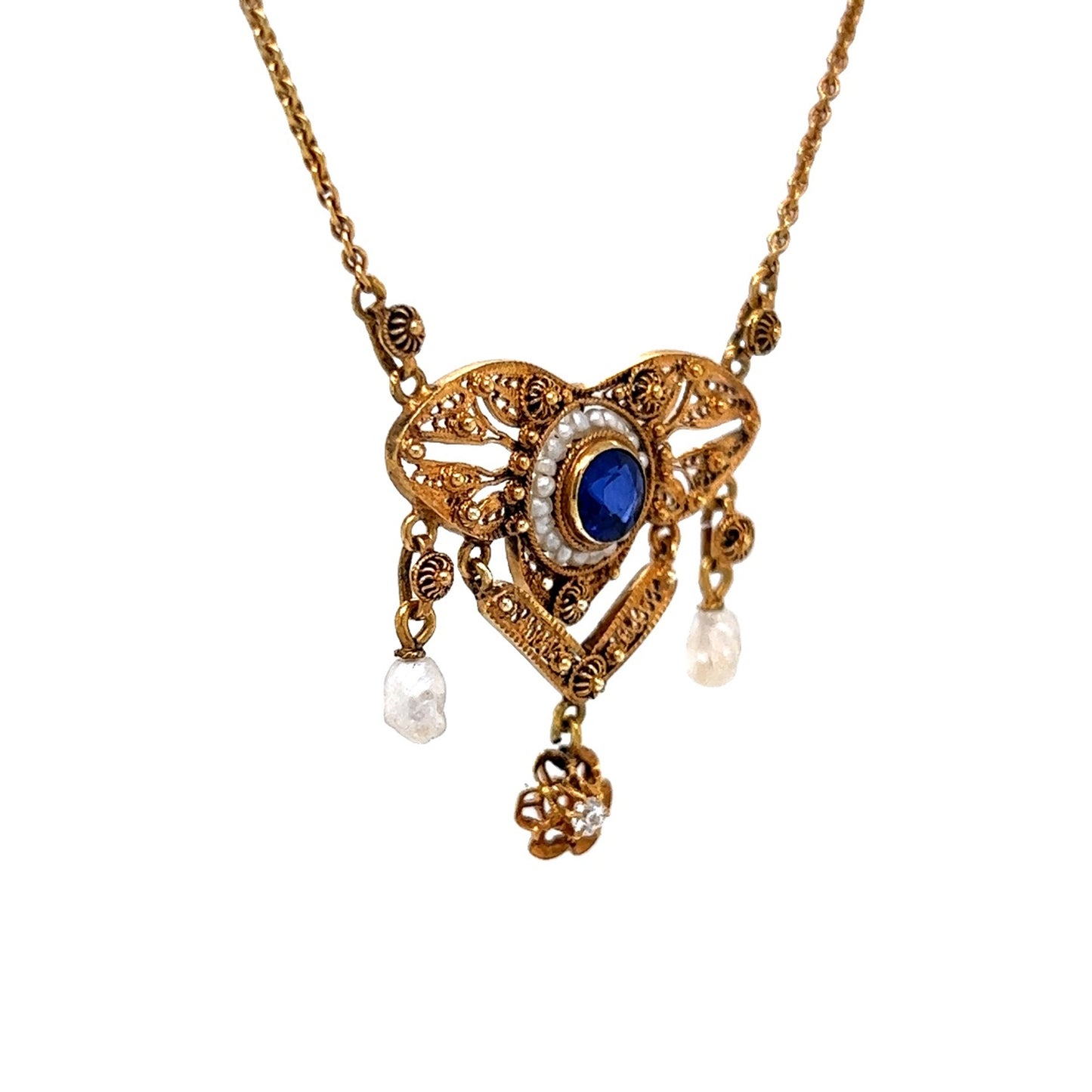 .54 Antique Victorian Sapphire Pendant with Diamond & Pearls