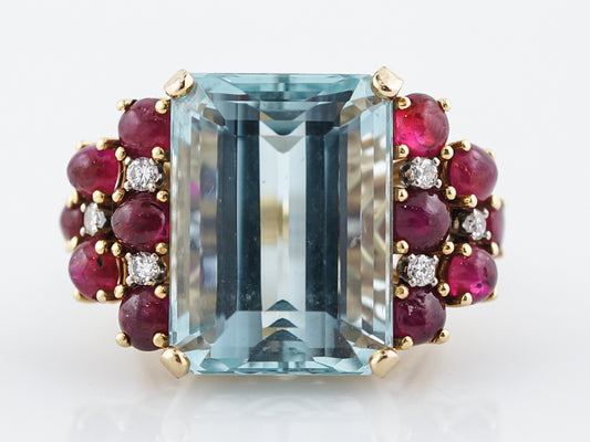 Vintage Cocktail Ring Retro 27.00 Aquamarine, Ruby and Diamond in 18K Yellow Gold