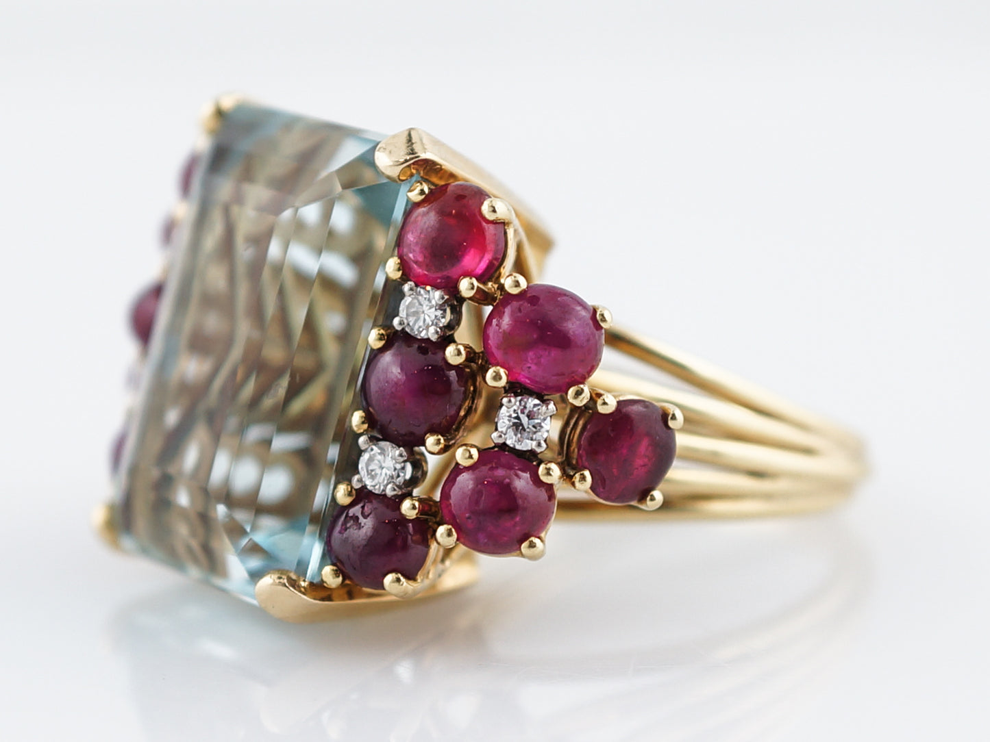 Vintage Cocktail Ring Retro 27.00 Aquamarine, Ruby and Diamond in 18K Yellow Gold