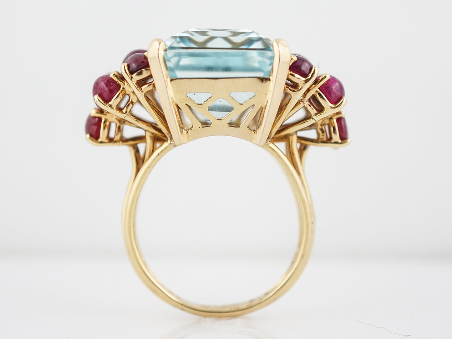 Vintage Cocktail Ring Retro 27.00 Aquamarine, Ruby and Diamond in 18K Yellow Gold