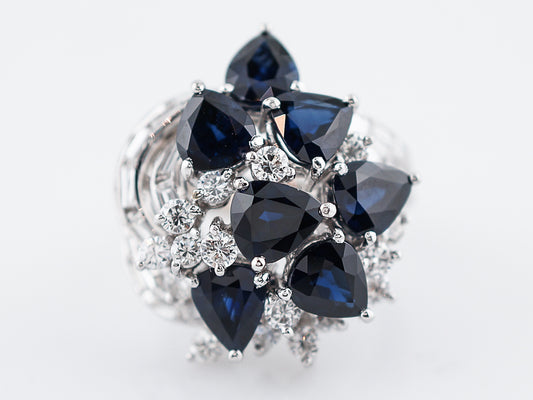 Cocktail Ring Modern 2.96 Baguette & Round Brilliant Cut Diamonds & 6.63 Pear Cut Sapphire in 18k White Gold