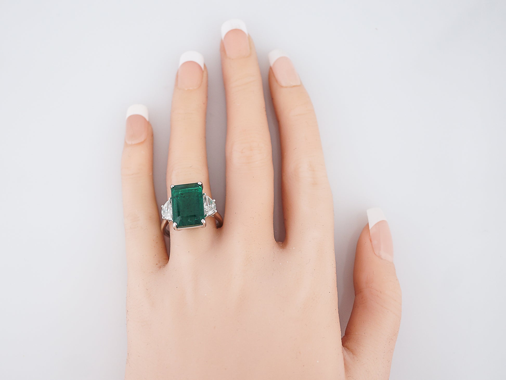 Right Hand Ring Modern 10.02 GIA Certified Octagonal Step Cut Emerald & 1.24 Half moon Cut Diamonds in 14k White Gold