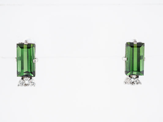 Vintage Post Earrings Retro 7.80 Rectangle Cut Chrome Tourmaline & .16 Round Brilliant Cut Diamonds in 14k White Gold