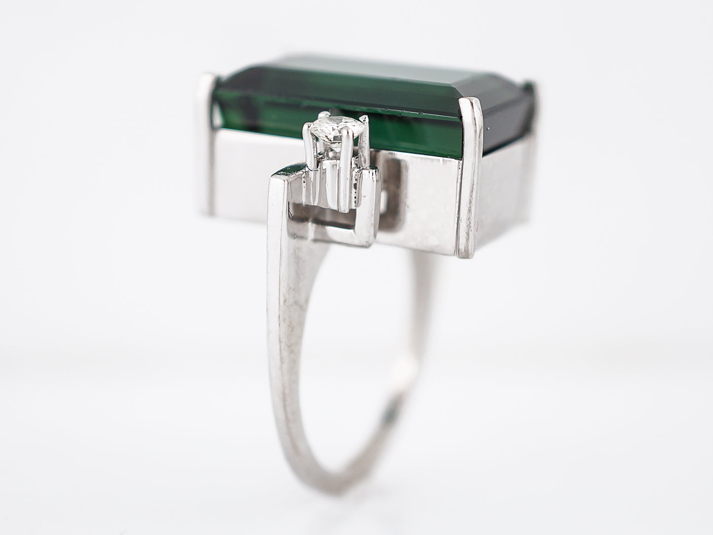 Vintage Cocktail Ring Mid-Century 12.91 Rectangle Cut Chrome Tourmaline in 14k White Gold