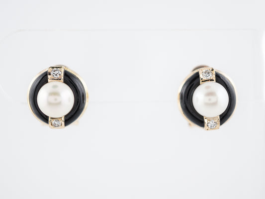 Earrings Modern .12 Round Brilliant Cut Diamonds & Pearl in 14k Yellow Gold