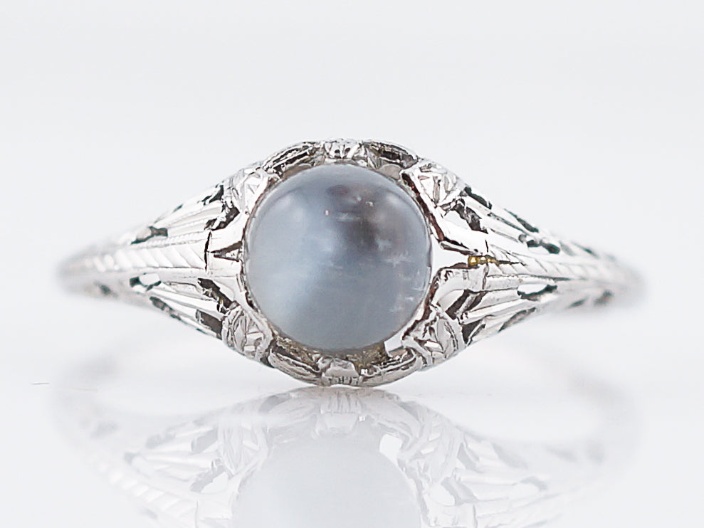 Antique Right Hand Ring Art Deco 1.65 Spheroid Cut Moonstone in 18K White Gold