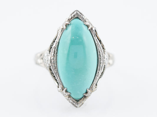 Antique Right Hand Ring Art Deco 6.18 Cabochon Cut Turquoise in 14K White Gold