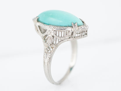Antique Right Hand Ring Art Deco 6.18 Cabochon Cut Turquoise in 14K White Gold