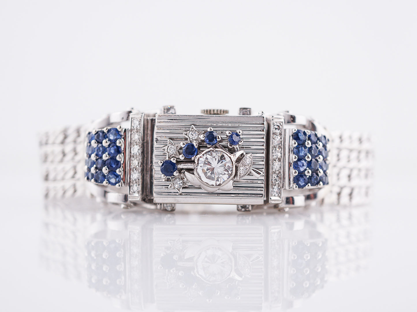 Ladies Vintage Mid-Century Watch Lucien Piccard Diamond & Sapphire in 14k White Gold