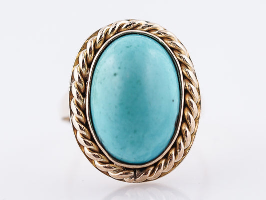 Vintage Right Hand Ring Retro 6.00 Cabochon Oval Cut Turquoise in 14K Yellow Gold
