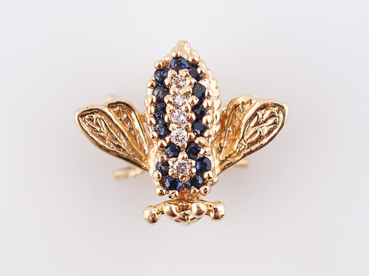 Vintage Bee Pin Mid Century .30 Round Cut Sapphire & .025 Round Brilliant Cut Diamonds in 14k Yellow Gold