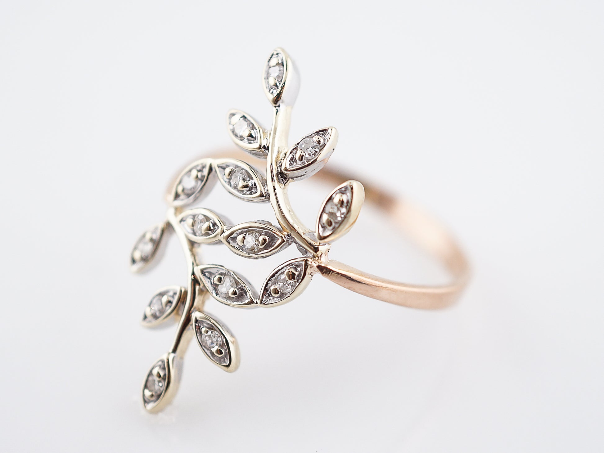 Modern Leaf Motif Ring .14 Single Cut Diamonds in 14K Rose & Yellow Gold