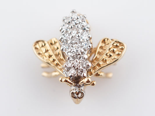 Vintage Bee Pin Mid Century .20 Round Brilliant Cut Diamonds in 14k Yellow Gold