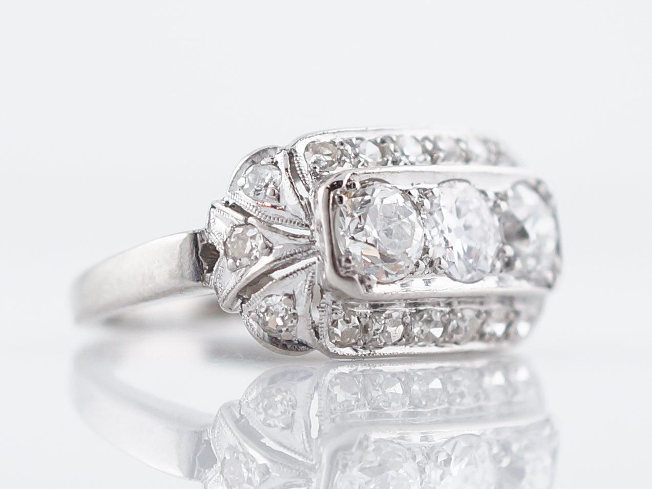 Three Stone Vintage Filigree Diamond Engagement Ring