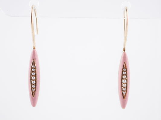 Antique Earrings Victorian Pink Enamel & Seed Pearls in 14k Yellow Gold
