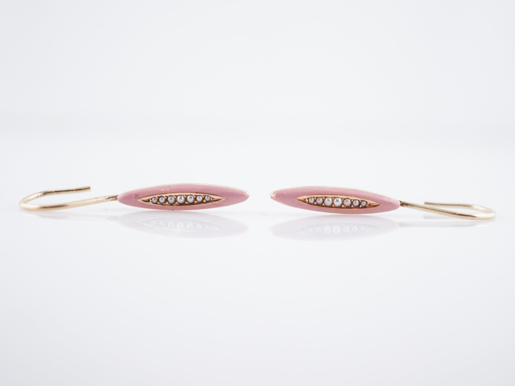Antique Earrings Victorian Pink Enamel & Seed Pearls in 14k Yellow Gold