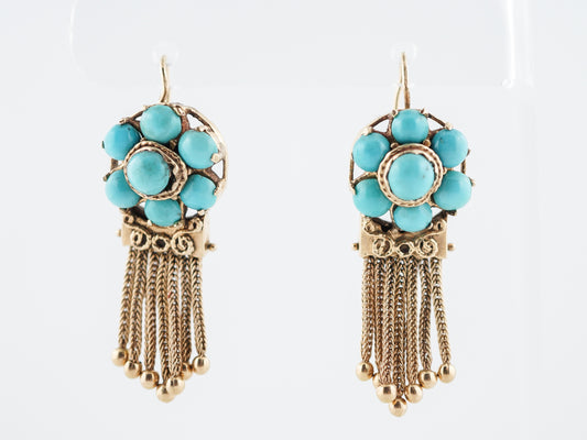 Antique Dangle Drop Earrings Victorian Cabochon Cut Turquoise in 14k Yellow Gold