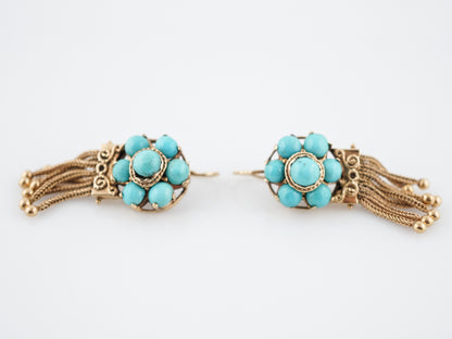 Antique Dangle Drop Earrings Victorian Cabochon Cut Turquoise in 14k Yellow Gold