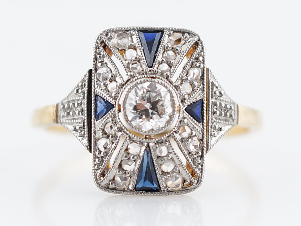 Antique Cocktail Ring Art Deco .21 Old European Cut Diamond and .20 Sapphire in 18K Yellow & White Gold