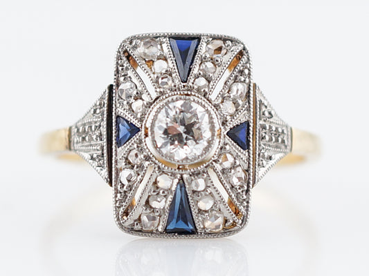 Antique Cocktail Ring Art Deco .21 Old European Cut Diamond and .20 Sapphires in 18K Yellow & White Gold
