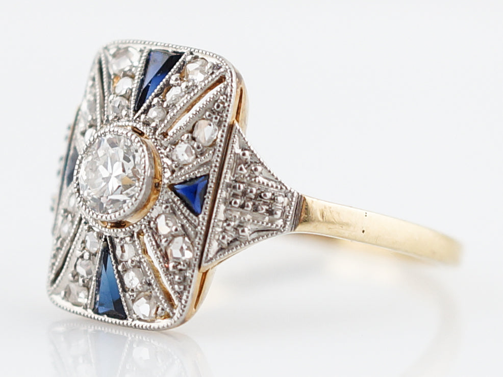 Antique Cocktail Ring Art Deco .21 Old European Cut Diamond and .20 Sapphire in 18K Yellow & White Gold