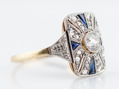 Antique Cocktail Ring Art Deco .21 Old European Cut Diamond and .20 Sapphire in 18K Yellow & White Gold