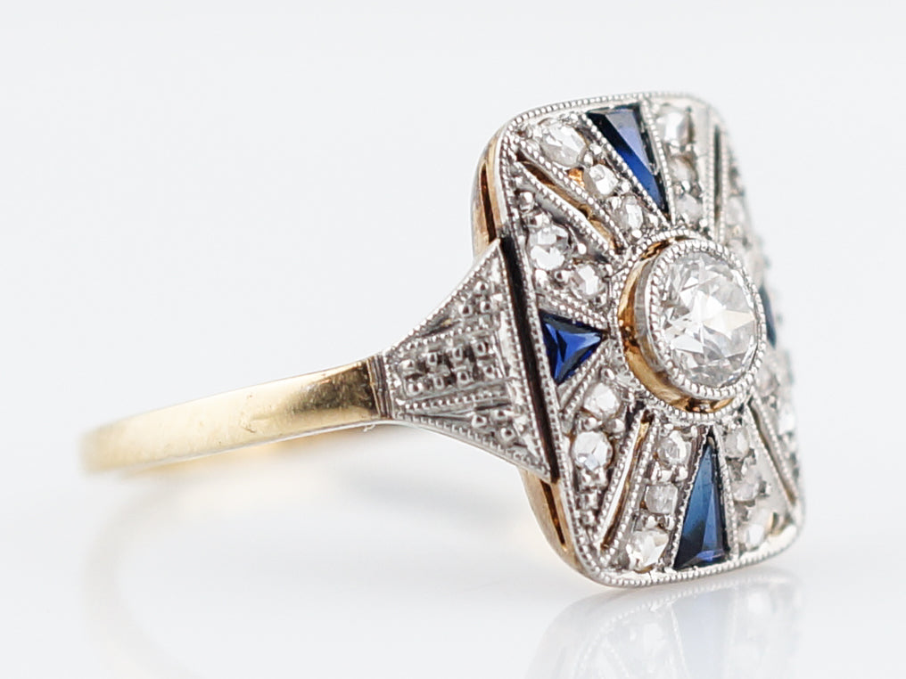 Antique Cocktail Ring Art Deco .21 Old European Cut Diamond and .20 Sapphires in 18K Yellow & White Gold