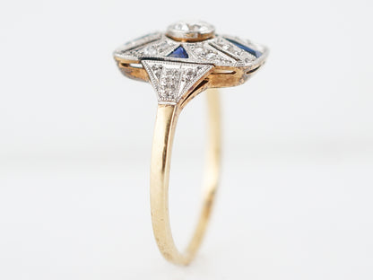 Antique Cocktail Ring Art Deco .21 Old European Cut Diamond and .20 Sapphire in 18K Yellow & White Gold