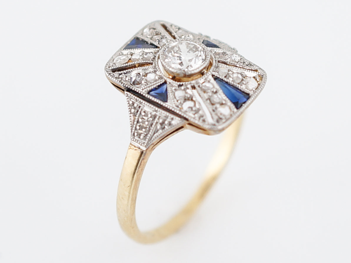 Antique Cocktail Ring Art Deco .21 Old European Cut Diamond and .20 Sapphire in 18K Yellow & White Gold