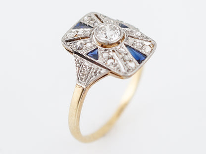 Antique Cocktail Ring Art Deco .21 Old European Cut Diamond and .20 Sapphires in 18K Yellow & White Gold