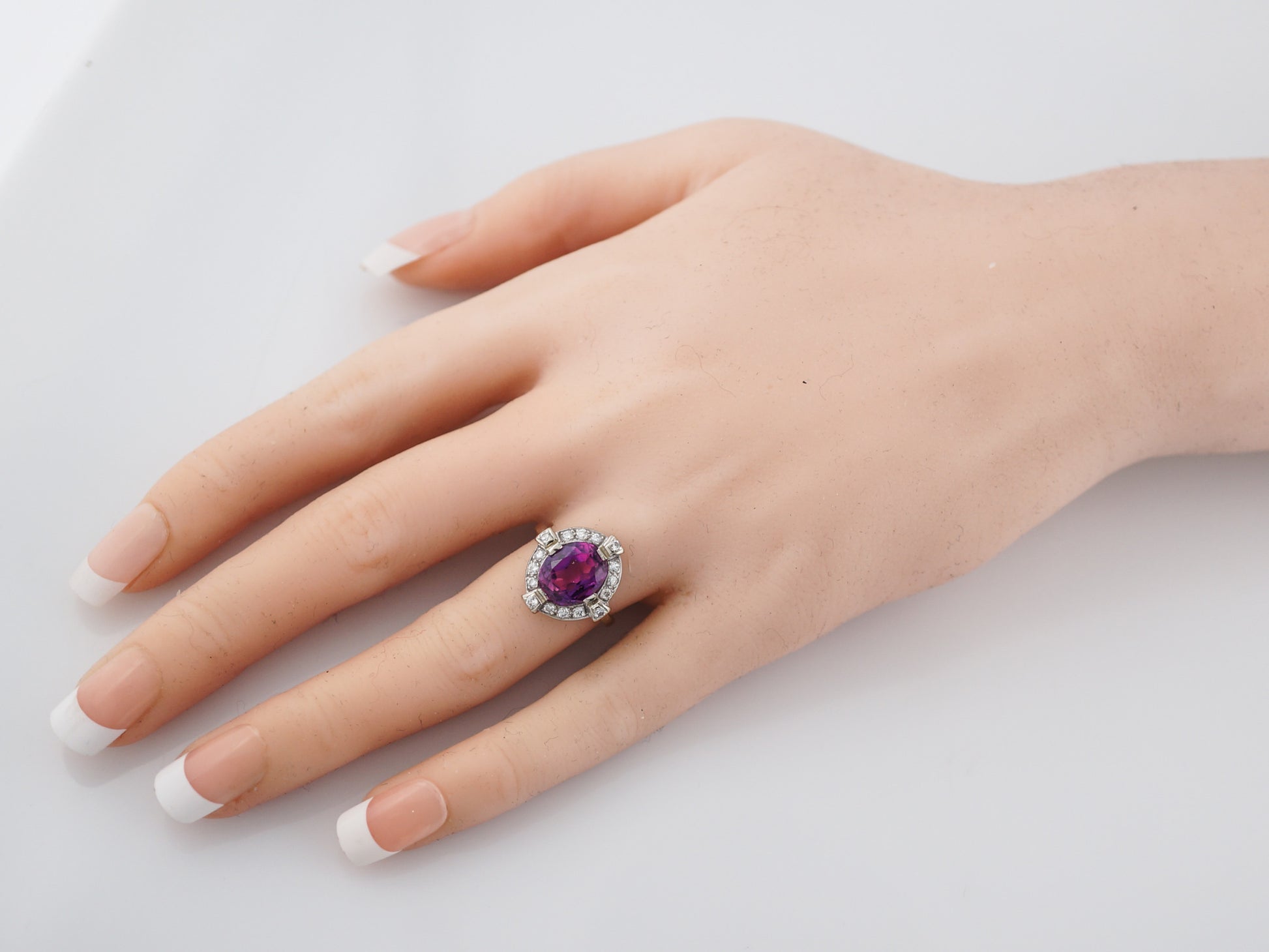 Modern Right Hand Ring 3.00 Oval Cut Pink Amethyst & .25 Round Brilliant Cut Diamonds in 14k White Gold