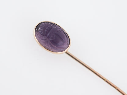 Antique Scarab Stick Pin Victorian 1.48 Carved Cabochon Amethyst in 14k Yellow Gold