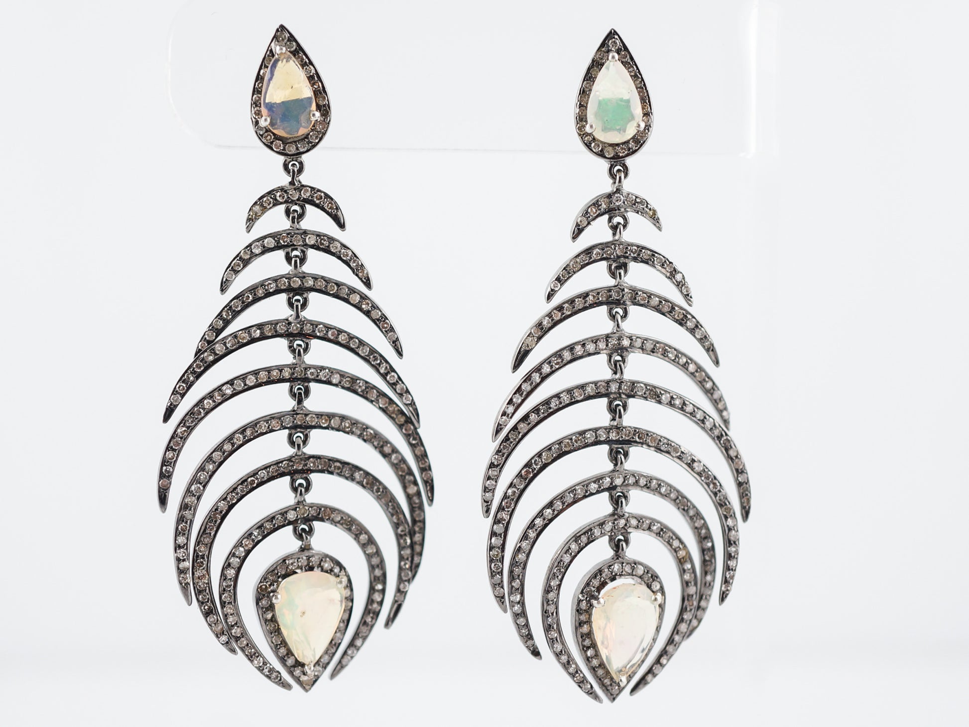 Dangle Drop Earrings Modern 2.29 Single Cut Diamonds & 2.48 Pear Cut Opals in Sterling Silver