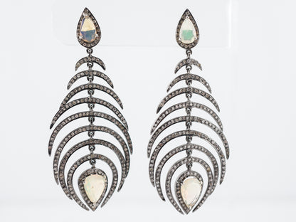 Dangle Drop Earrings Modern 2.29 Single Cut Diamonds & 2.48 Pear Cut Opals in Sterling Silver