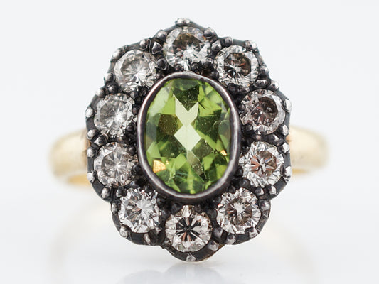 Right Hand Ring Modern 1.04 Oval Cut Peridot & 1.00 Round Brilliant Cut Diamonds in 18K Yellow Gold & Sterling Silver
