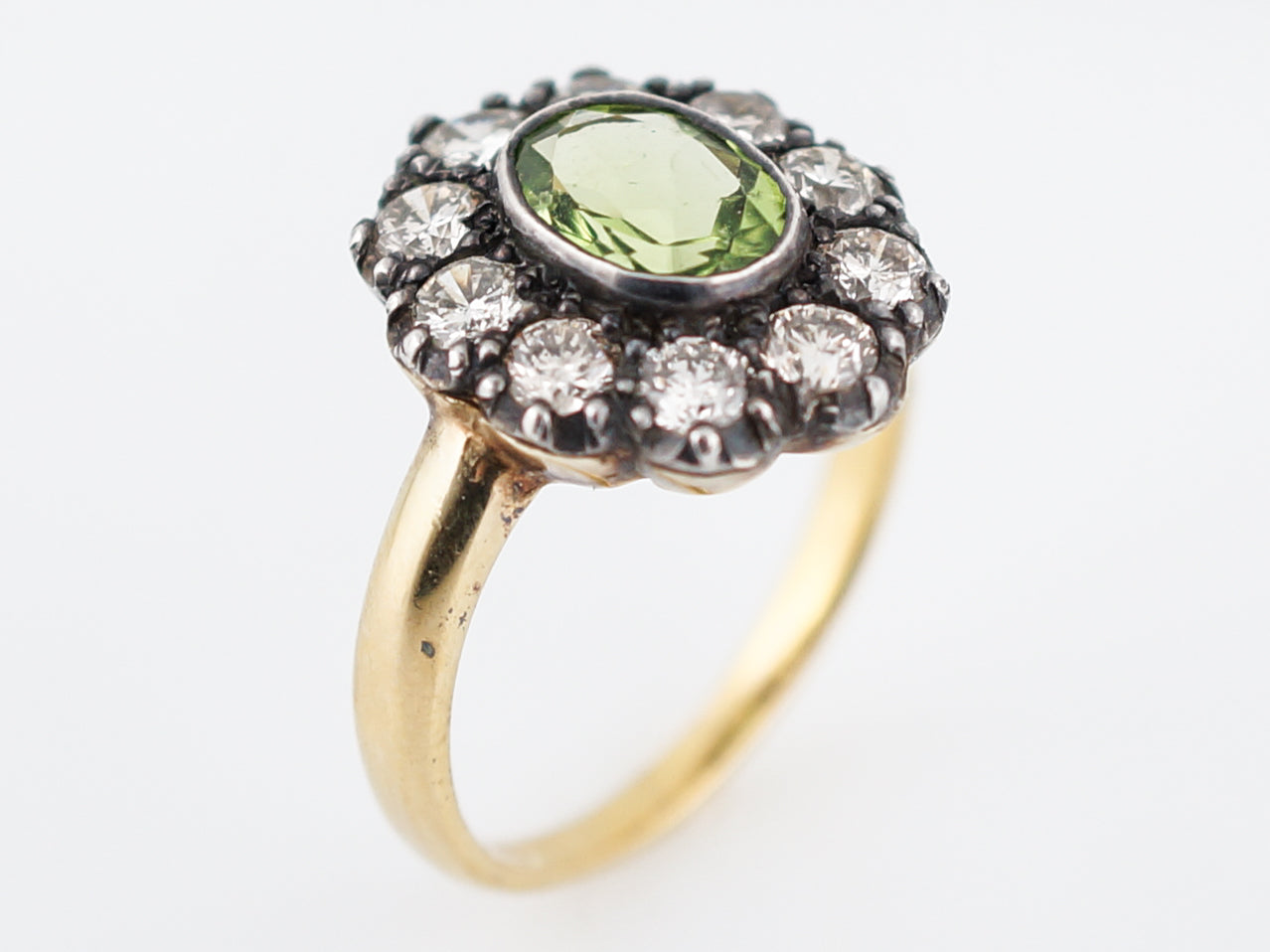 Right Hand Ring Modern 1.04 Oval Cut Peridot & 1.00 Round Brilliant Cut Diamonds in 18K Yellow Gold & Sterling Silver