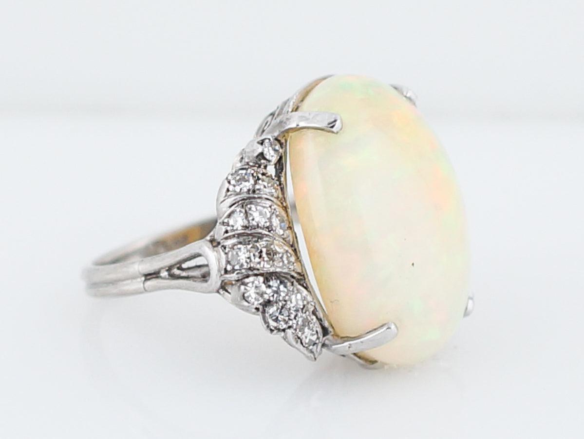 Antique Cocktail Ring Late Art Deco 13.09 Cabochon Cut Opal in Platinum