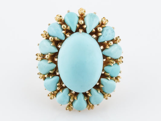 Vintage Cocktail Ring Mid Century 31.10 Cabochon Cut Turquoise in 18K Yellow Gold