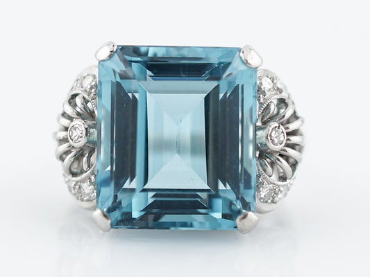 Antique Cocktail Ring Art Deco 12.40 Emerald Cut Aquamarine in Platinum