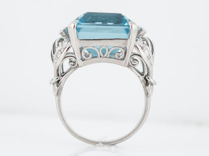 Antique Right Hand Ring Art Deco 12.40 Emerald Cut Aquamarine & .12 Single Cut Diamonds in Platinum