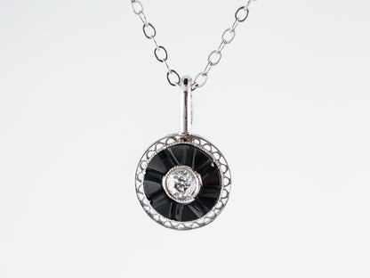 Antique Necklace Art Deco Onyx & .11 Old European Cut Diamond in 14K White Gold