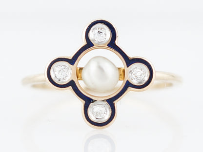 Antique Right Hand Ring Victorian Seed Pearl & .04 Old Mine Cut Diamonds in 14K Yellow Gold