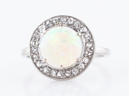 Antique Right Hand Ring Art Deco 1.00 Cabochon Cut Opal & .23 Rose Cut Diamonds in Platinum