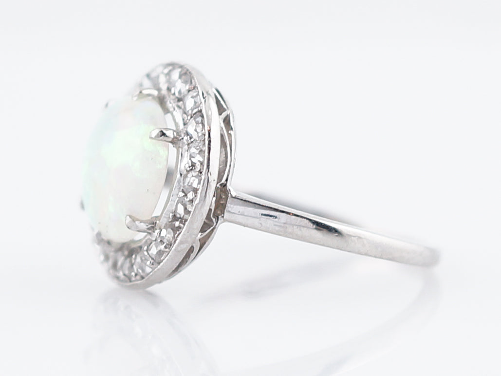 Antique Right Hand Ring Art Deco 1.00 Cabochon Cut Opal & .23 Rose Cut Diamonds in Platinum