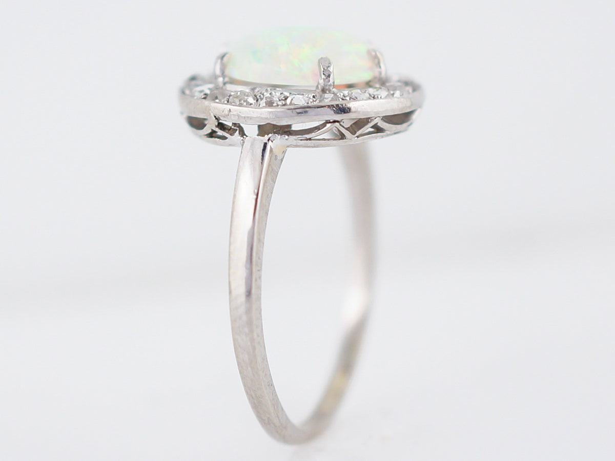 Antique Right Hand Ring Art Deco 1.00 Cabochon Cut Opal & .23 Rose Cut Diamonds in Platinum