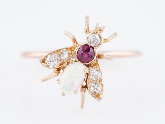 Antique Right Hand Ring Victorian .16 Oval Cabochon Cut Opal & .10 Old Mine Cut Diamonds in 14K Rose Gold