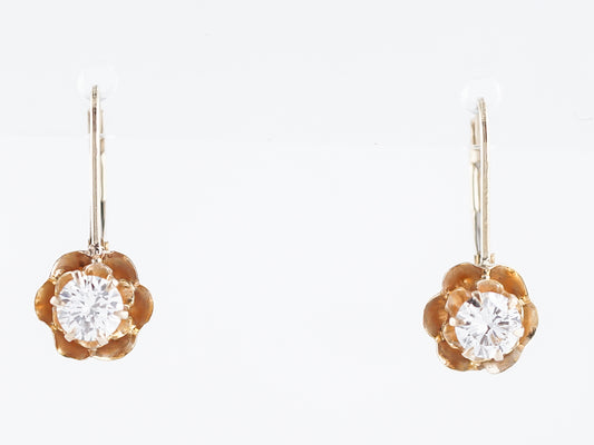 Antique Dangle Tulip Earrings Victorian 1.00 Round Brilliant Cut Diamonds in 14K Yellow Gold