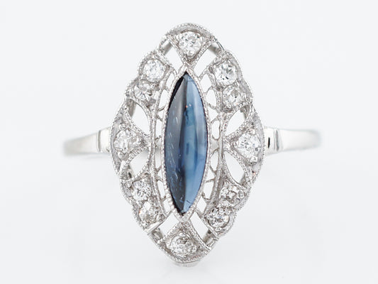 Antique Right Hand Ring Art Deco 1.11 Cabochon Marquise Cut Sapphire in Platinum