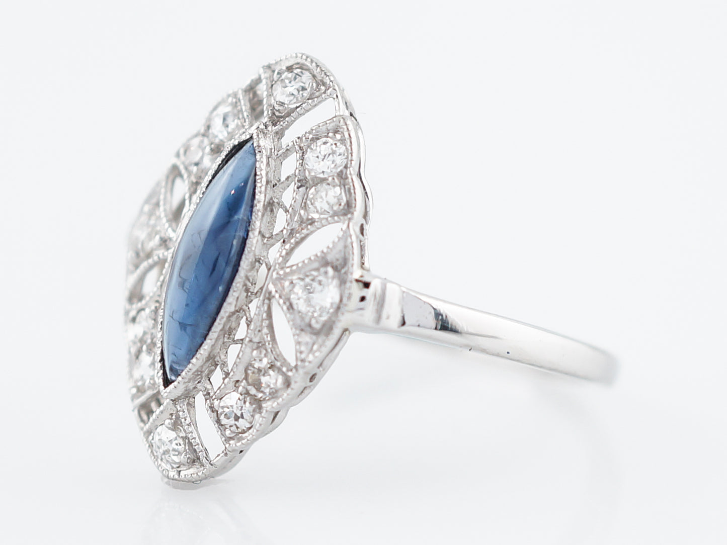Antique Right Hand Ring Art Deco 1.11 Cabochon Marquise Cut Sapphire in Platinum