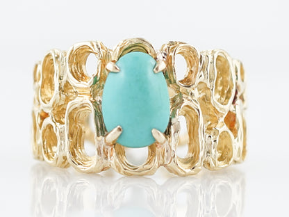Vintage Right Hand Ring Mid-Century Cabochon Cut Turquoise in 18K Yellow Gold